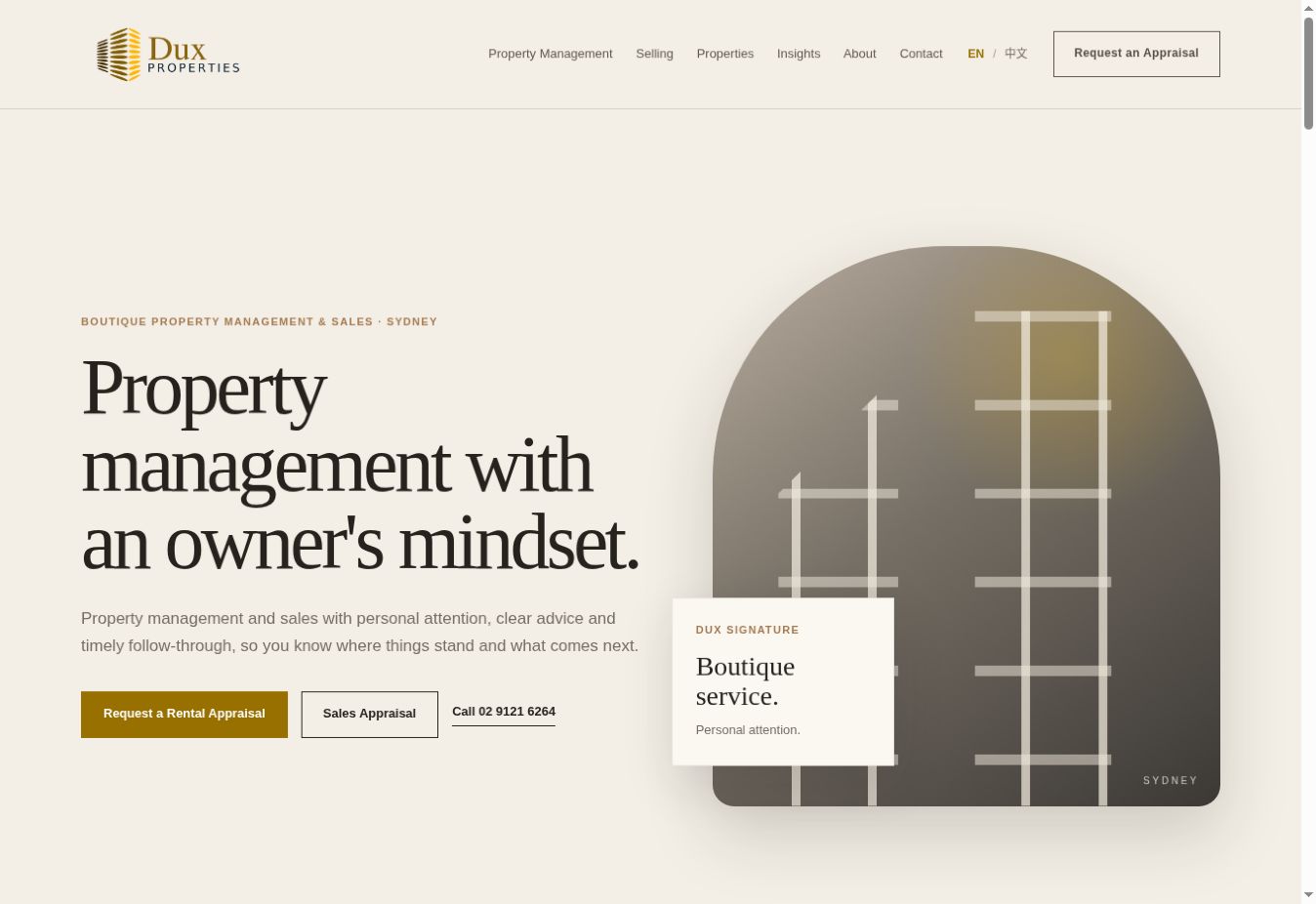 Current Dux Properties website with its updated logo and property management homepage