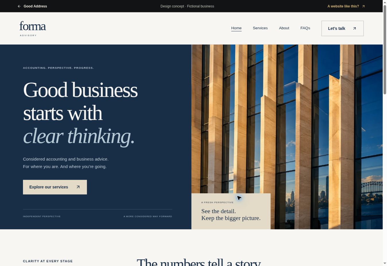 Forma Advisory five-page accounting website concept in navy and ivory
